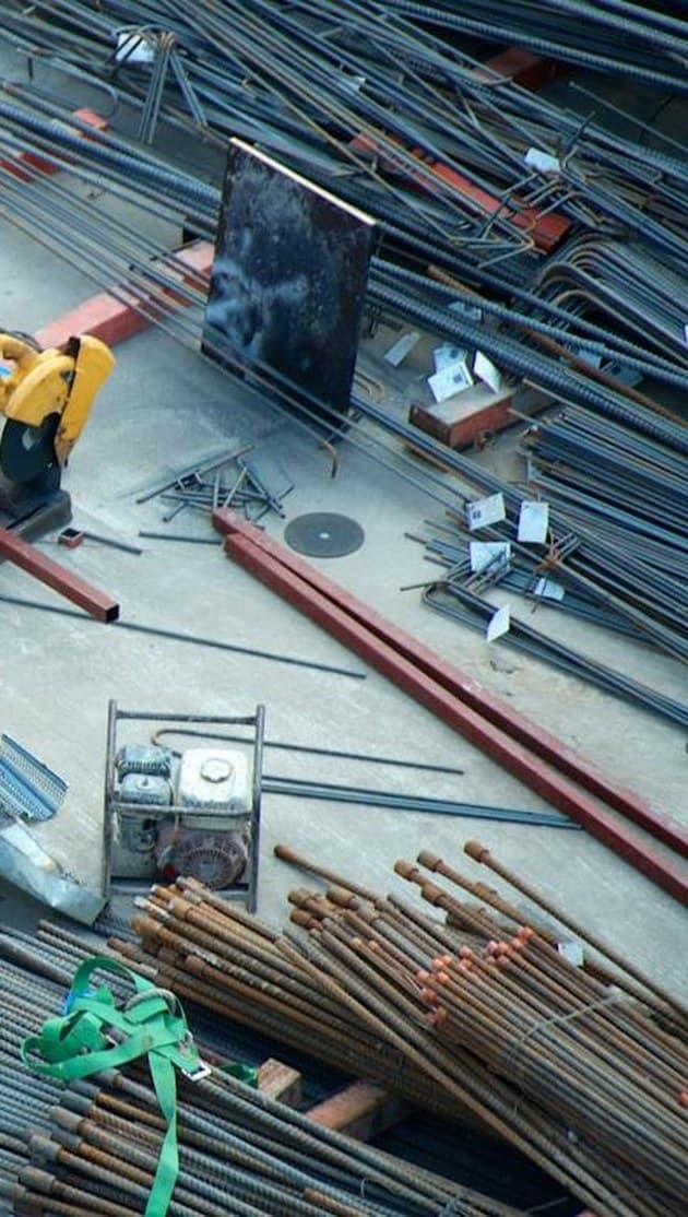 Rebar grid and steel reinforcement on an active construction deck